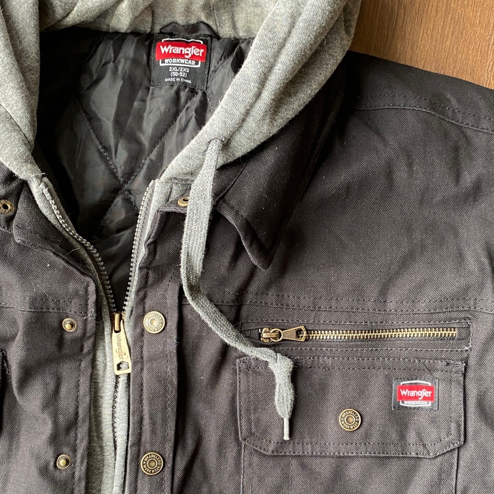 Wrangler Men’s Black Canvas Hooded Work Jacket 2XL Heavy Duty 55253